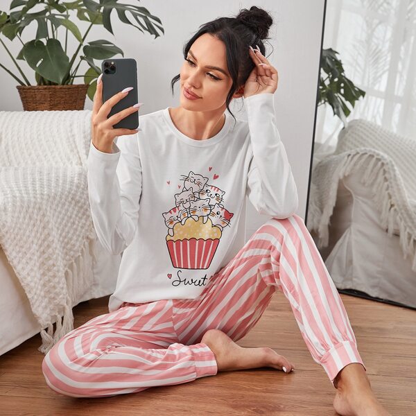 

Cartoon Cat Graphic Sweatshirt & Striped Pants PJ Set, Multicolor