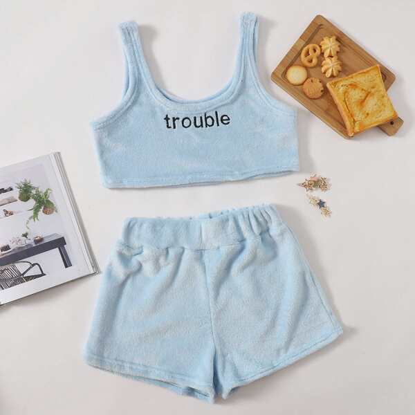 

Letter Embroidered Flannel PJ Set, Baby blue