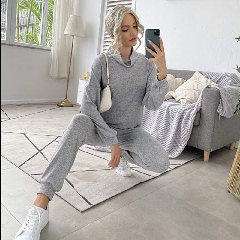 

Cowl Neck Sweatshirt With Sweatpants Lounge Set, Grey