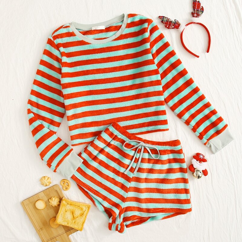 

Stripe Tie Front Fluffy PJ Set, Multicolor
