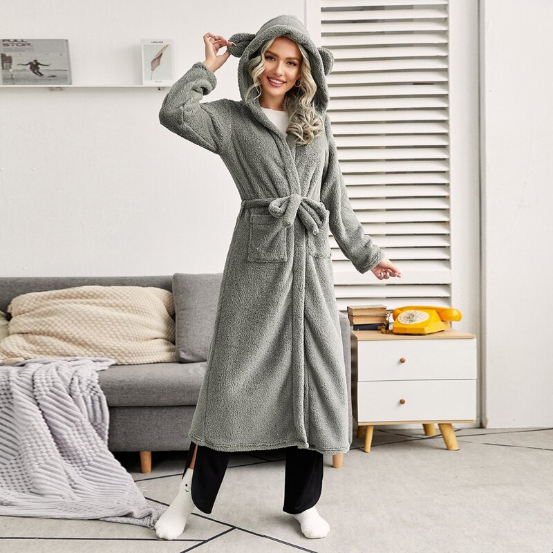 

3D Ear Design Self Tie Flannel Robe, Grey