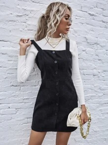 SHEIN LUNE Single Breasted Front Cord Pinafore Dress - Black - View 1