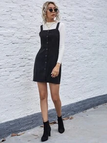 SHEIN LUNE Single Breasted Front Cord Pinafore Dress - Black - View 3