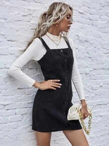 SHEIN LUNE Single Breasted Front Cord Pinafore Dress - Black - View 5