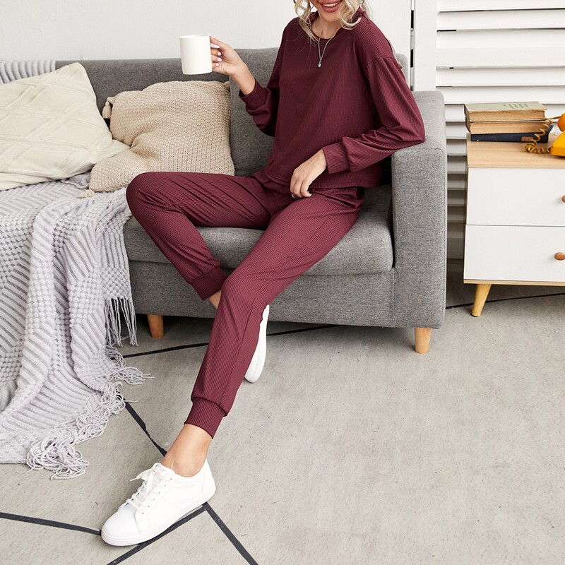 

Rib-knit Drop Shoulder Tee & Pants Lounge Set, Maroon