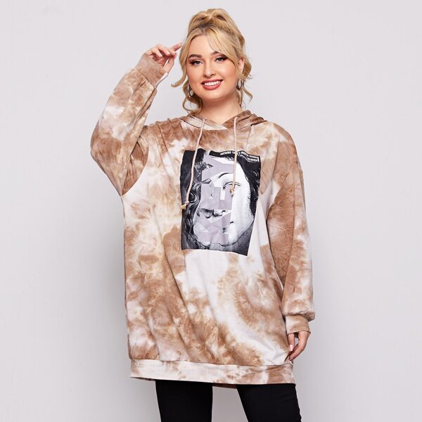 

Plus Letter & Picture Print Tie Dye Hoodie, Multicolor