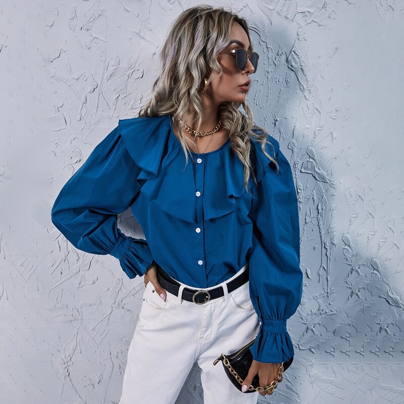 

Ruffle Trim Bell Sleeve Button Front Top, Blue