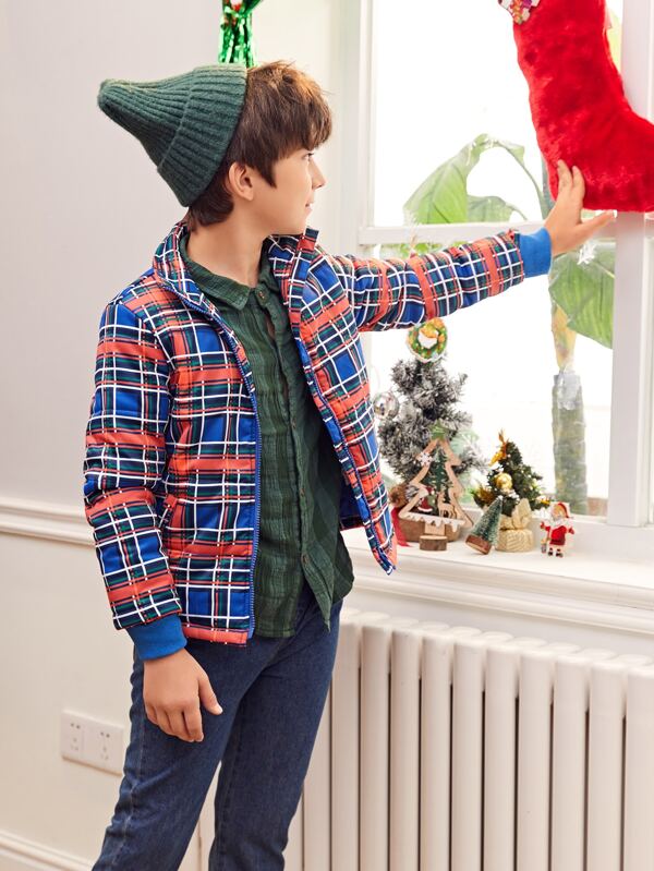 SHEIN Tween Boy Tartan Captusă Palton pentru Iarnă