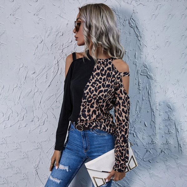 

Cold Shoulder Leopard Colorblock Tee, Multicolor