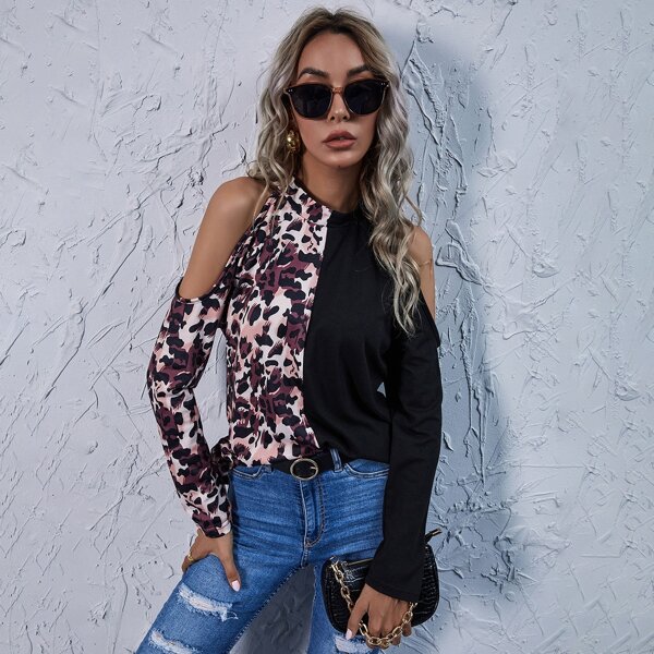 

Cold Shoulder Leopard Colorblock Tee, Multicolor