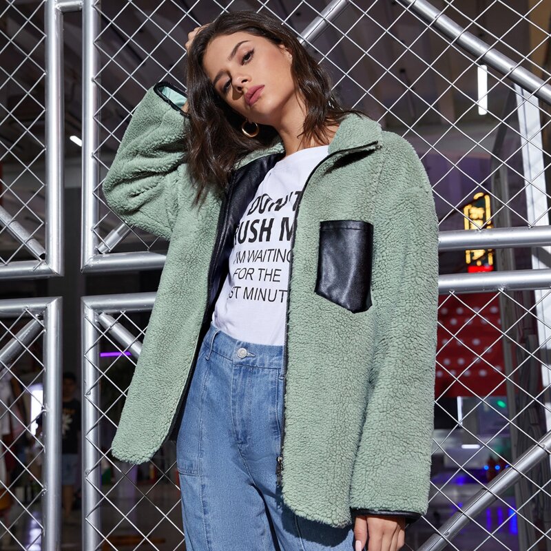 

Drop Shoulder Pocket Front Teddy Coat, Mint green