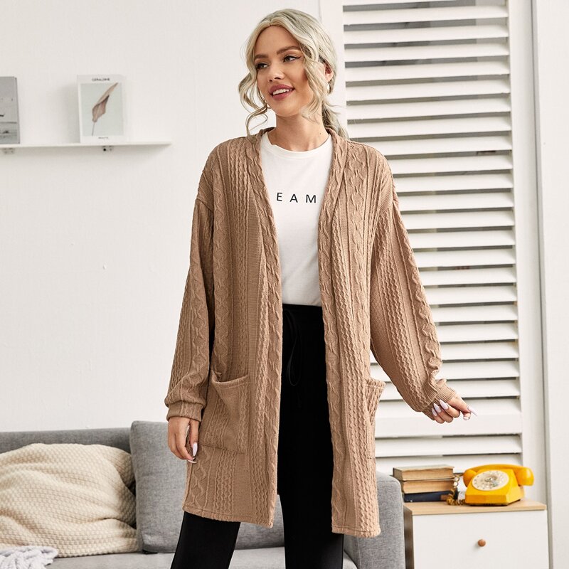 

Dual Pocket Open Front Knitted Lounge Robe, Khaki