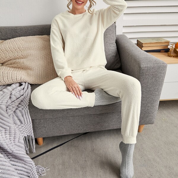 

Flannel Solid Drop Shoulder PJ Set, Beige