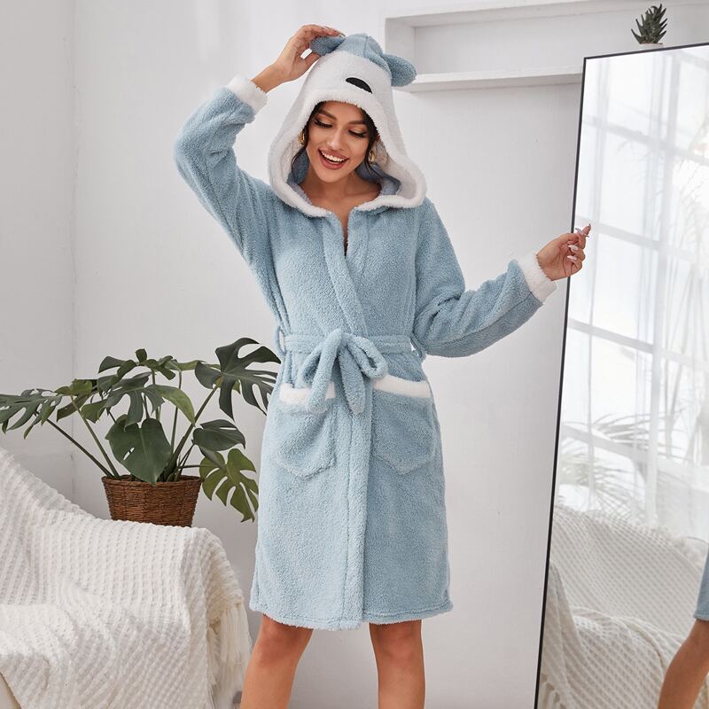

3D Ear Design Dual Pocket Belted Flannel Robe, Baby blue
