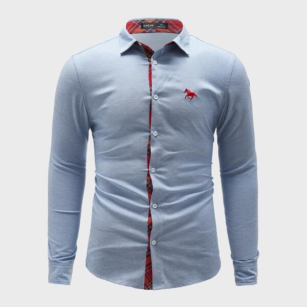 

Men Horse Embroidery Shirt, Dusty blue