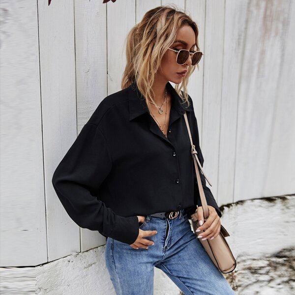 

Solid Button Through Blouse, Black