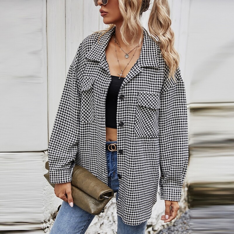 

Houndstooth Print Button Up Overcoat, Black and white