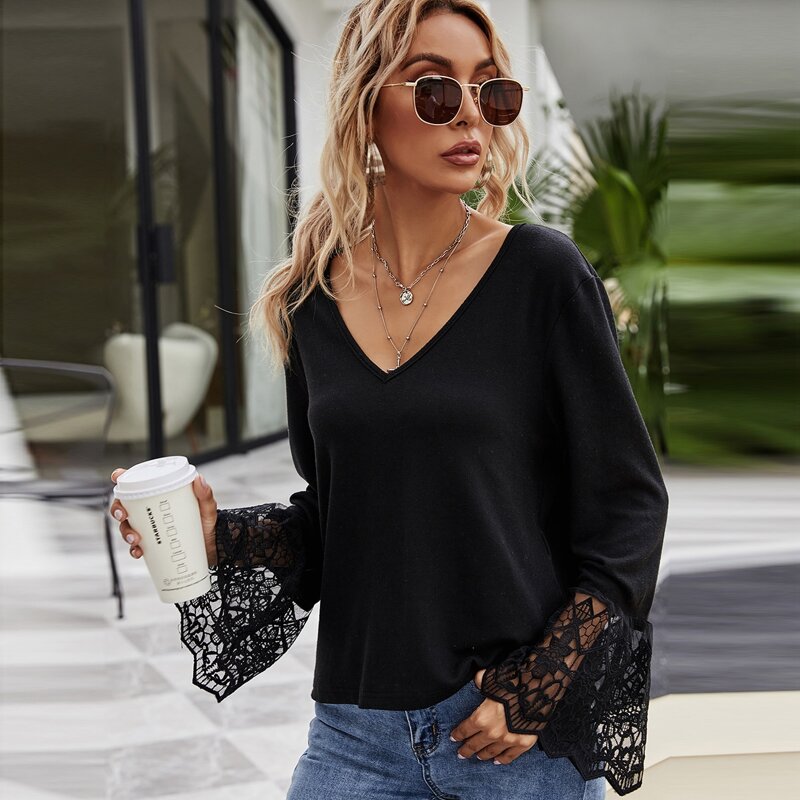 

Contrast Lace Flounce Sleeve Tee, Black