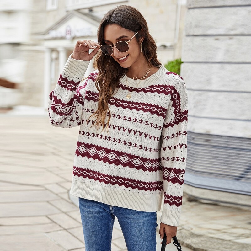 

Geo Pattern Drop Shoulder Sweater, Red and white