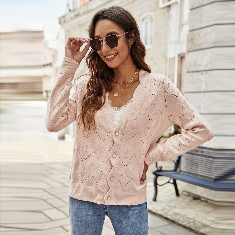

Scallop Trim Pointelle Knit Cardigan, Baby pink