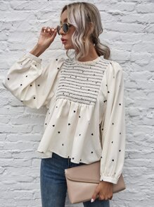 SHEIN Frenchy Heart Print Shirred Peplum Blouse - Beige - View 1