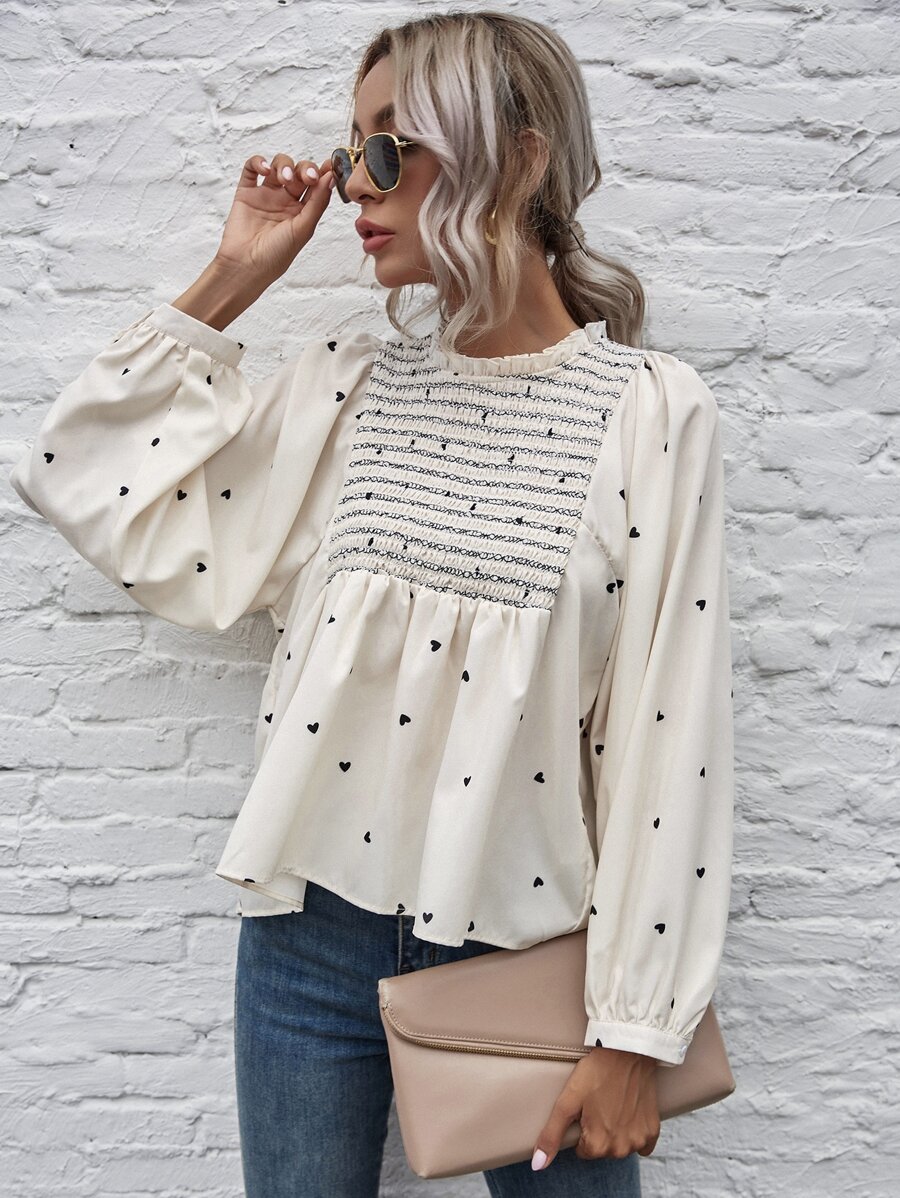SHEIN Frenchy Heart Print Shirred Peplum Blouse - Beige - View 1