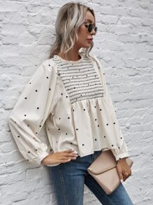 SHEIN Frenchy Heart Print Shirred Peplum Blouse - Beige - View 3