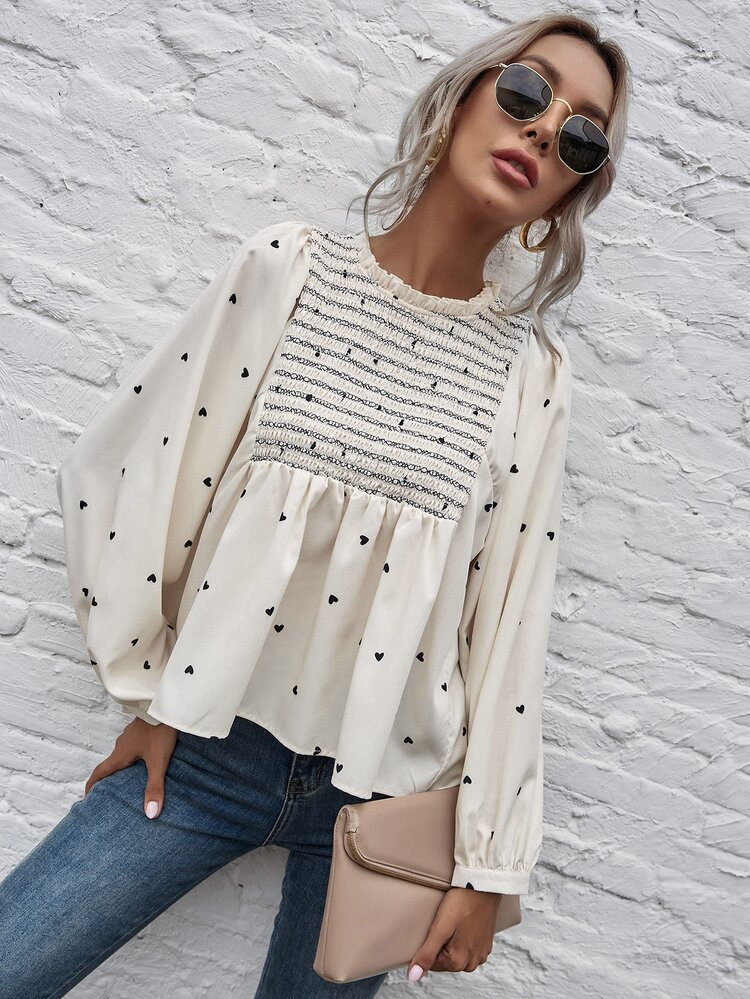 SHEIN Frenchy Heart Print Shirred Peplum Blouse - Beige - View 4