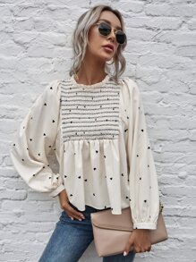 SHEIN Frenchy Heart Print Shirred Peplum Blouse - Beige - View 5