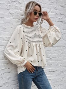 SHEIN Frenchy Heart Print Shirred Peplum Blouse - Beige - View 6