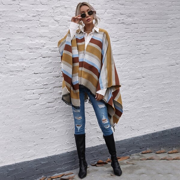 

Multi-color Striped Fringe Hem Poncho Cape Cardigan, Multicolor