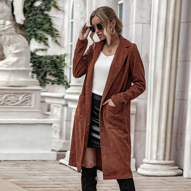 

Lapel Collar Dual Pocket Open Front Corduroy Coat, Rust brown