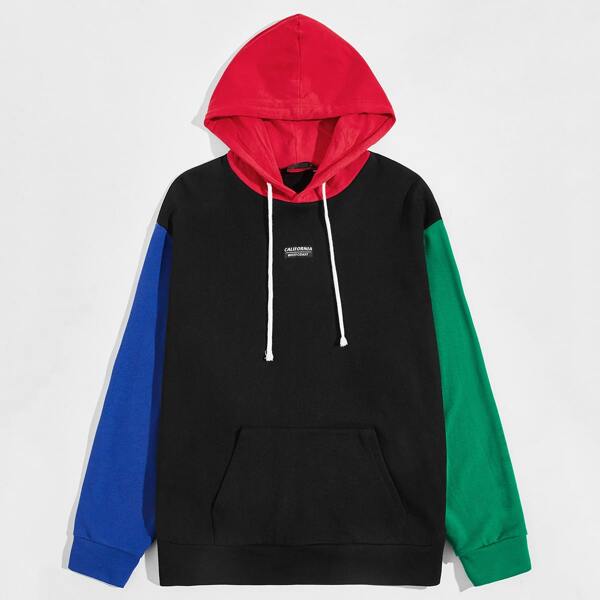 

Men Patched Detail Contrast Panel Hoodie, Black
