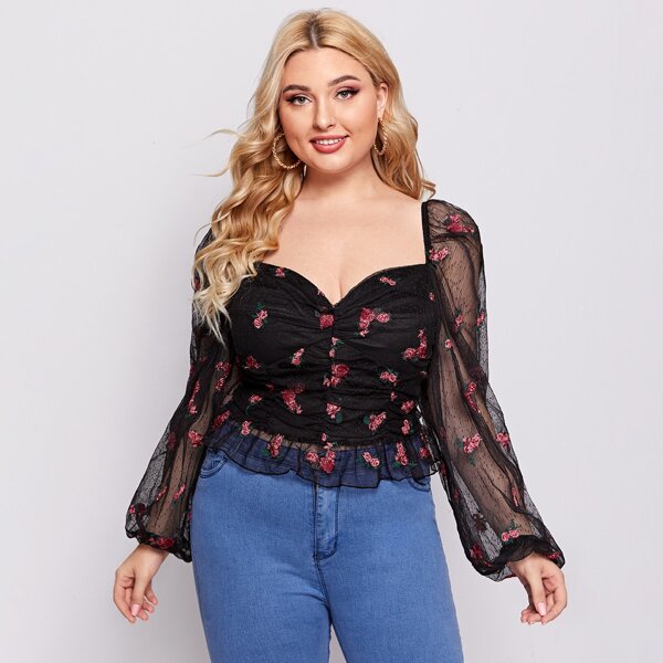 

Plus Sweetheart Neck Floral Embroidery Top, Black