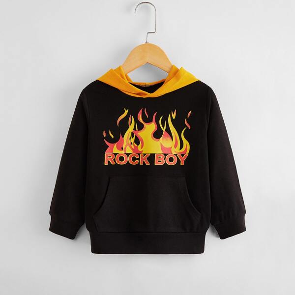 

Toddler Boys Letter & Fire Print Hoodie, Black