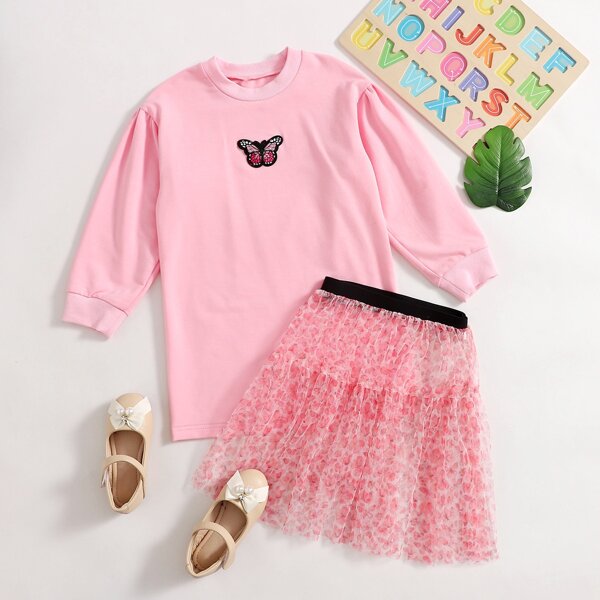

Toddler Girls Butterfly Patched Sweatshirt & Skirt, Baby pink