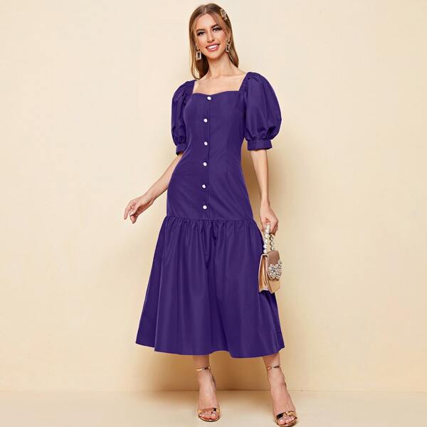 

Puff Sleeve Ruffle Hem Solid Dress, Violet purple