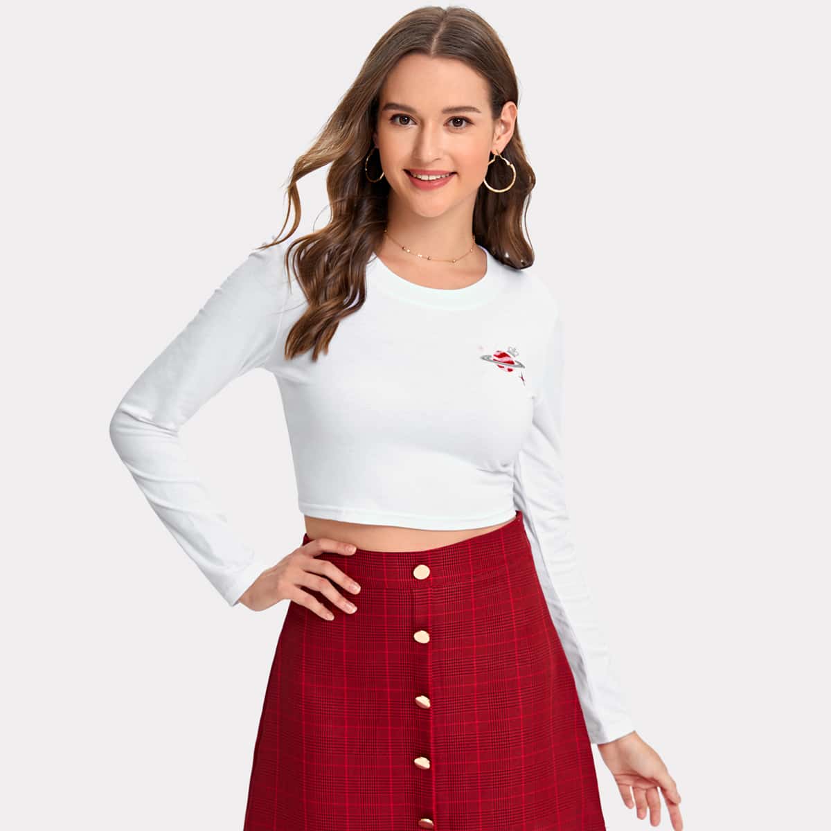 

Cartoon Planet Pattern Crop Tee, White