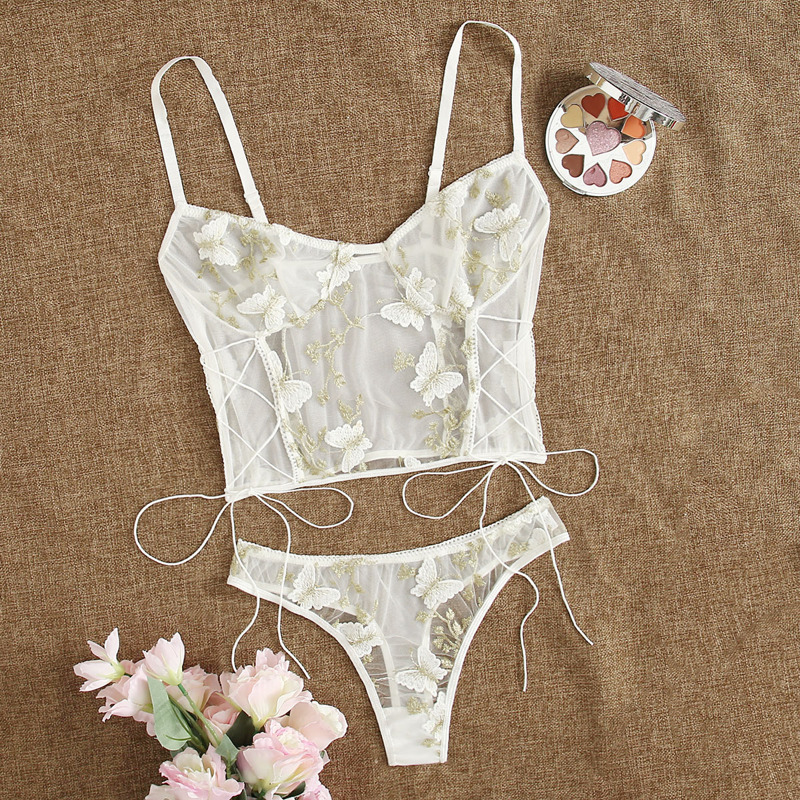 

Butterfly Pattern Embroidery Mesh Lingerie Set, Beige
