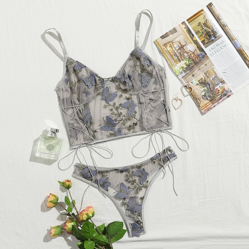 

Butterfly Pattern Embroidery Mesh Lingerie Set, Light grey