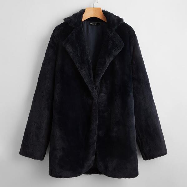 

Solid Open Front Fuzzy Coat, Navy blue
