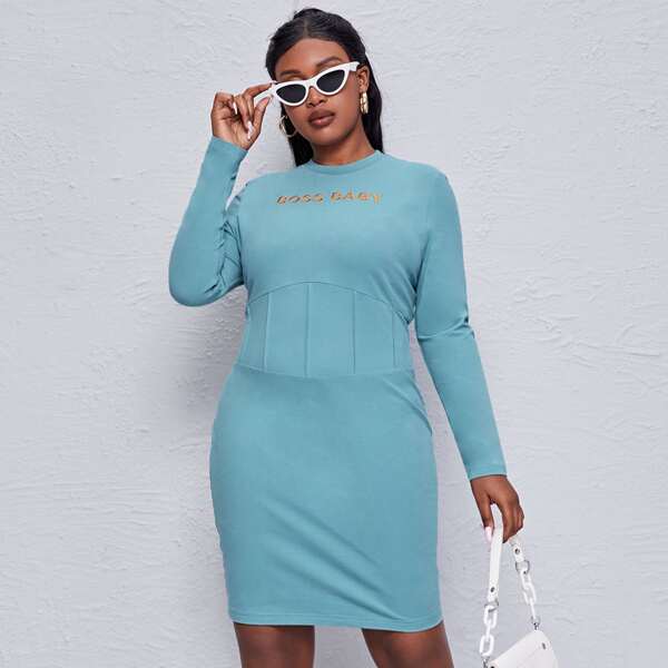 

Plus Letter Embroidery Dress, Mint blue