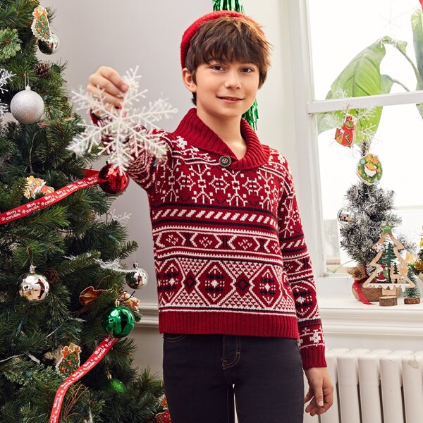 

Boys Christmas Rolled Neck Buttoned Detail Graphic Pattern Sweater, Multicolor