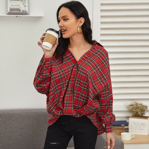 

Drop Shoulder Curved Hem Tartan Oversize Blouse, Multicolor
