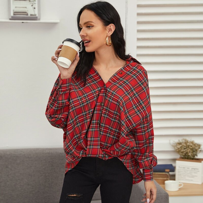 

Drop Shoulder Curved Hem Tartan Oversize Blouse, Multicolor