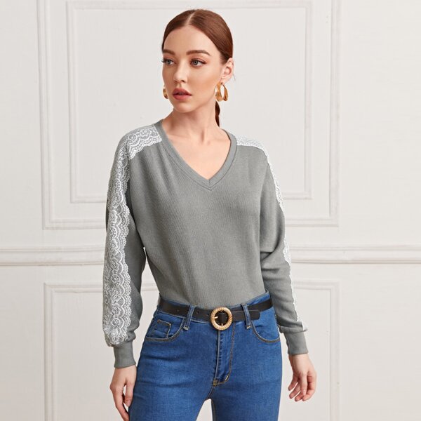 

Lace Trim Rib-knit Batwing Sleeve Tee, Grey