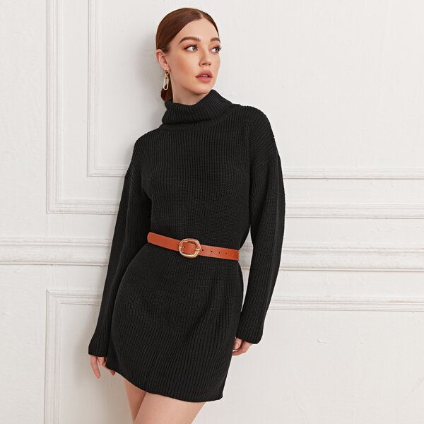 

Turtle Neck Drop Shoulder Sweater Dress Without Belt, Black