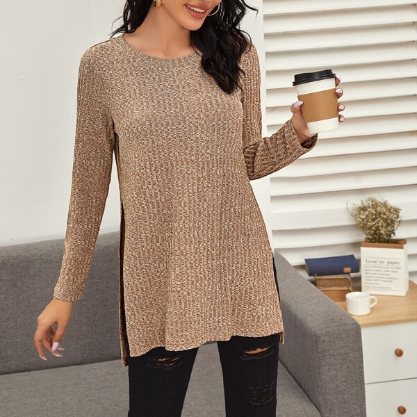 

Split Side Rib-knit Top, Khaki