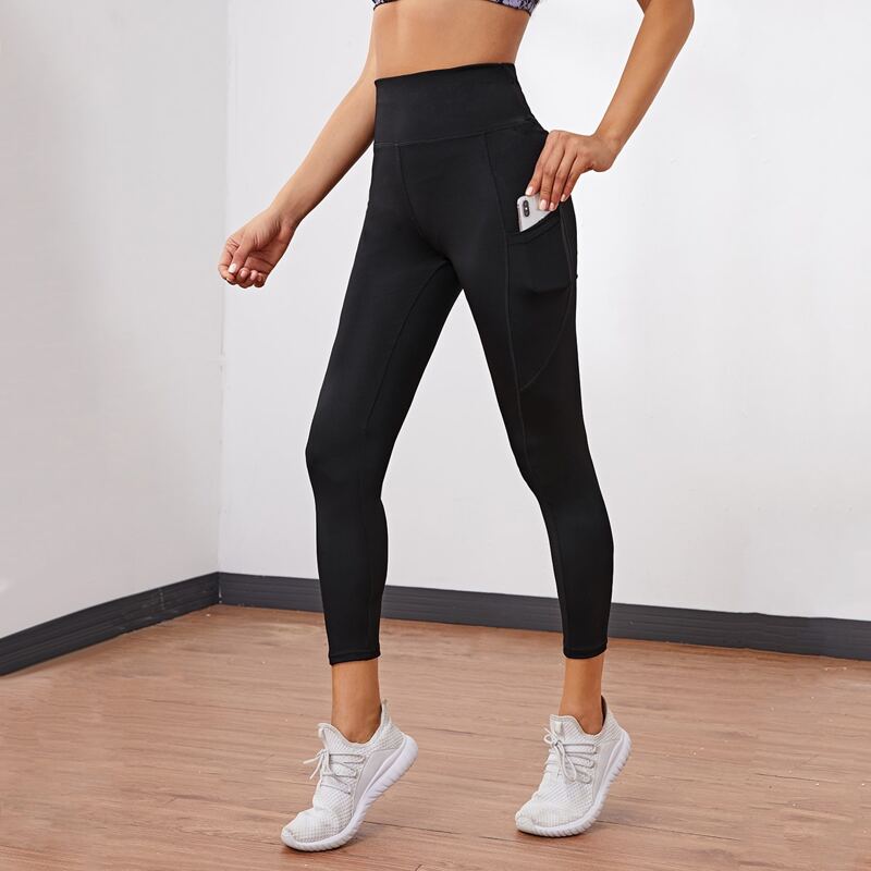 

Solid Crop Sports Leggings With Phone Pocket, Black