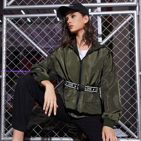 

Zip Up Letter Belted Flap Pocket Front Hooded Jacket, Army green